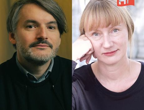 Zwei Personen, ein Mann und eine Frau, nebeneinander in einem geteilten Bild mit dem Logo 'HF' oben rechts.