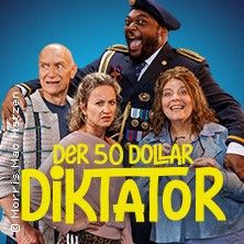 Vier Personen posieren fröhlich vor einem blauen Hintergrund. Eine Person trägt eine Militäruniform. Der Text 'Der 50 Dollar Diktator' ist sichtbar.