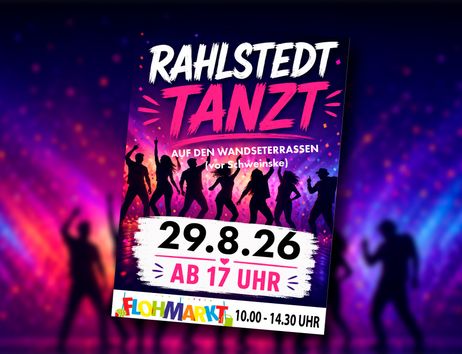 Werbeflyer für die Veranstaltung "Rahlstedt Tanzt" mit Flohamarkt vorweg am 29.08.2026 auf den Wandseterrassen in Rahlstedt