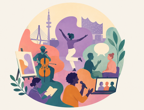 Illustration von Menschen, die verschiedene kulturelle Aktivitäten ausüben, vor einer Stadtsilhouette mit bekannten Gebäuden.