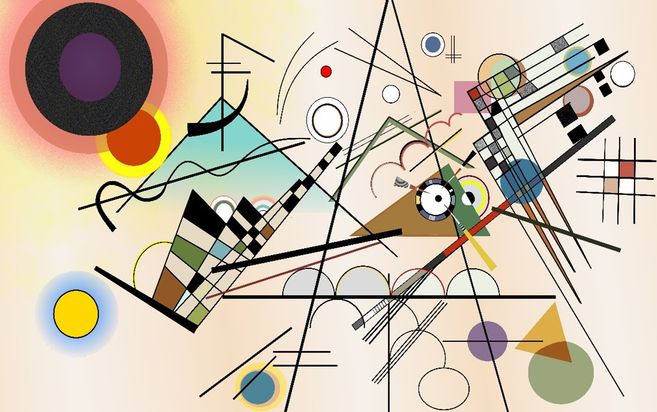 Abstrakte geometrische Komposition mit Kreisen, Linien, Dreiecken und farbigen Flächen im Stil moderner Kunst.