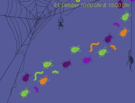 Ein farbenfrohes Halloween-Design mit Spinnen und verschiedenen krabbelnden Insekten. Der Text kündigt eine Veranstaltung am 31. Oktober an.