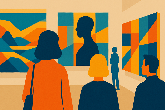 Menschen betrachten abstrakte Kunstwerke in einer Galerie.