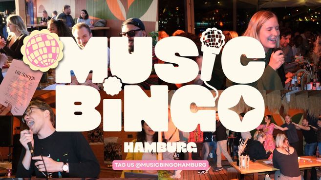 Music Bingo Logo mit Bilder von der Veranstaltung im Hintergrund. Leute singen und tanzen.