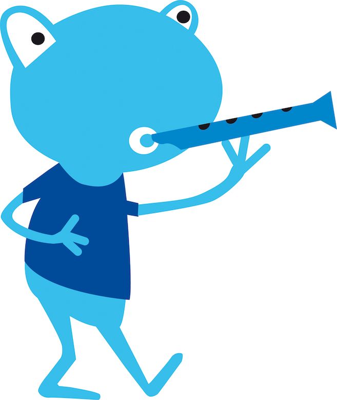 Illustration eines blauen, cartoonartigen Wesens, das eine Flöte spielt.