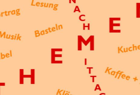 Grafik mit dem Wort 'Themennachmittag' und Begriffen wie Vortrag, Musik, Bibel, Lesung, Basteln, Kaffee + Tee, Kuchen.