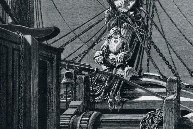 Illustration eines Schiffsdecks mit einer mystischen Figur im Vordergrund.