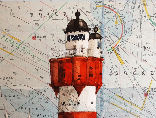 Ein Leuchtturm ist auf einer Seekarte abgebildet, die mit verschiedenen Linien und Markierungen versehen ist.