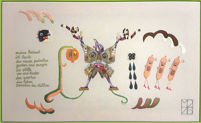 Miriam Zadil, auskunft, gesticktes Gedicht von May Ayim, 2026, Garn auf Nessel, 46 x 76 cm