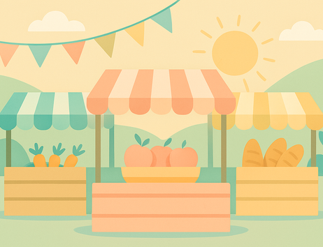 Illustration eines Bauernmarkts mit Ständen voller Gemüse und Brot unter einem sonnigen Himmel.