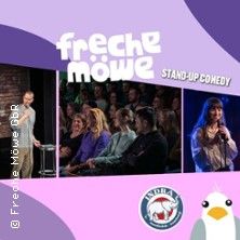 Collage mit Stand-up-Comedy-Auftritten und einem Möwen-Logo.