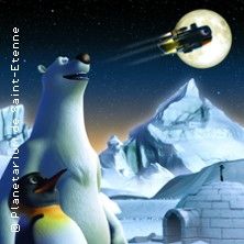 Ein animierter Eisbär und Pinguin stehen vor einem Iglu, während ein Raumschiff am Mond vorbeifliegt.