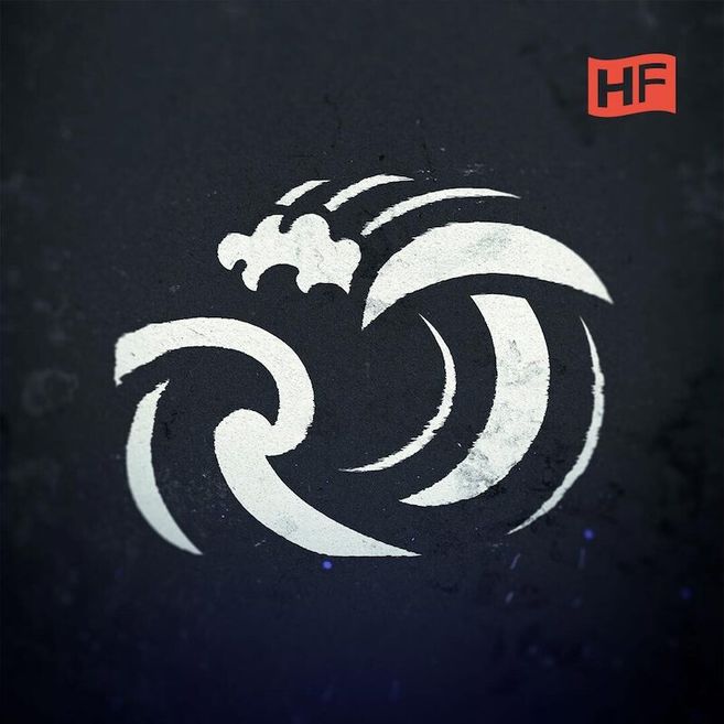 Ein stilisiertes Logo mit weißen Wellen auf schwarzem Hintergrund und einem roten HF-Emblem in der Ecke.