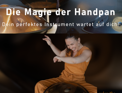 Frau spielt Handpan und lächelt, mit Text über die Magie der Handpan und Website-Informationen.