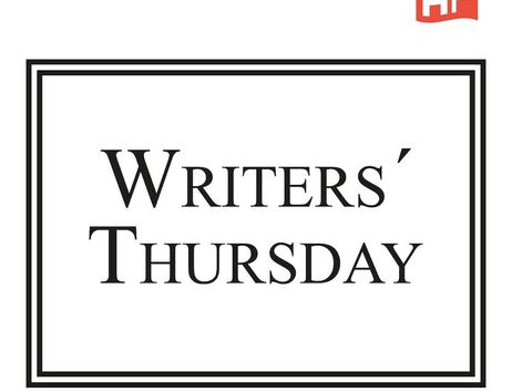 Schriftzug 'Writers' Thursday' in einem schwarzen Rahmen mit einem roten HF-Logo oben rechts.