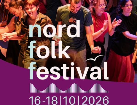 Plakat zum nord folk festival mit tanzenden Menschen, Datum 16–18.10.2026 und Ort Hamburg Goldbekhaus.