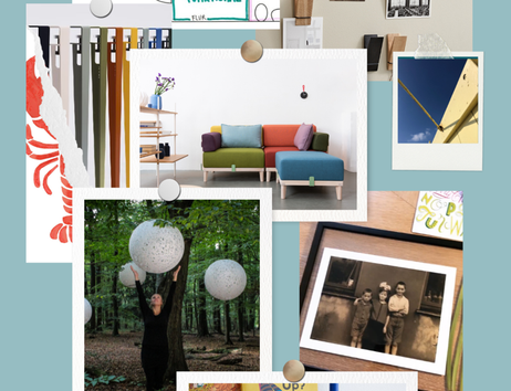 Collage aus Designmöbeln, Stuhl und Couch, Farb‑ und Materialproben sowie Wohnaccessoires in stilvollen Interior‑Szenen für