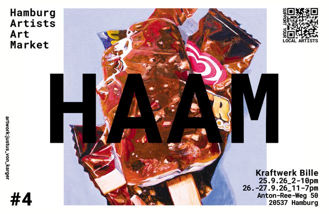 Gemaltes Motiv eines angebissenen Cornetto-Eis mit aufgerissener Verpackung, überlagert vom Schriftzug "HAAM" in schwarzen Blockbuchstaben. Text: "Hamburg Artists Art Market #4", QR-Code "Support your local artists" oben rechts, Veranstaltungsdetails unten rechts (Kraftwerk Bille, 25.–27.9.26, Anton-Ree-Weg 50, 20537 Hamburg), Bildnachweis "artwork: justus_von_karger" am linken Rand.