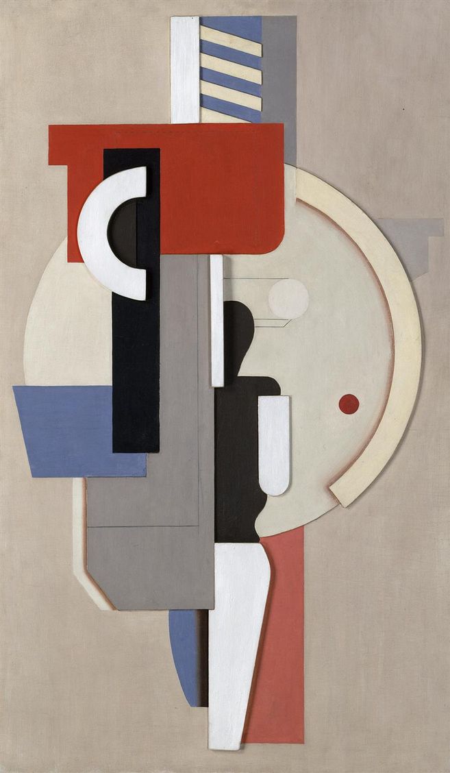 Abstraktes geometrisches, hochformatiges Gemälde mit Kreisen, Rechtecken und Linien in Rot, Blau und Schwarz von Willi Baumeister