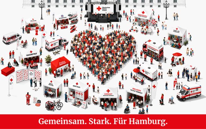 Grafik mit einem Herz in der Mitte und Menschen, Ständen und Fahrzeugen drum herum