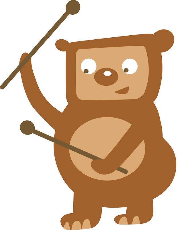 Illustration eines Bären mit zwei Schlägeln, der wie ein Musiker auf einem Trommelinstrument spielt.