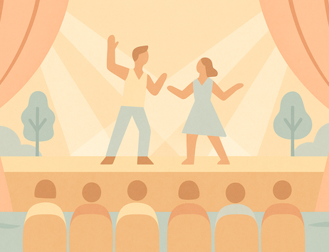 Abstrakte Illustration einer Theatervorstellung im Querformat mit Bühne, Vorhängen, zwei stilisierten Figuren und Publikum in Pastelltönen.