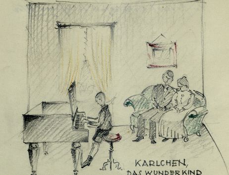 Zeichnung eines Kindes am Klavier mit zwei Erwachsenen auf einem Sofa im Hintergrund.
