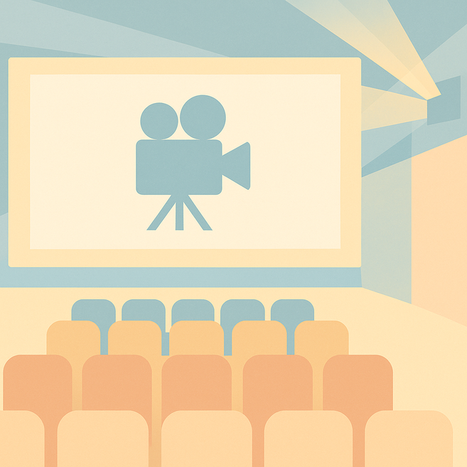 Abstrakte Illustration eines Kinosaals mit Leinwand, Filmkamera-Symbol und Sitzreihen in hellen Pastelltönen.