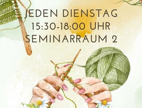 Plakat für interkulturelle Handarbeit mit Stricknadeln, Garn und Blumen.
