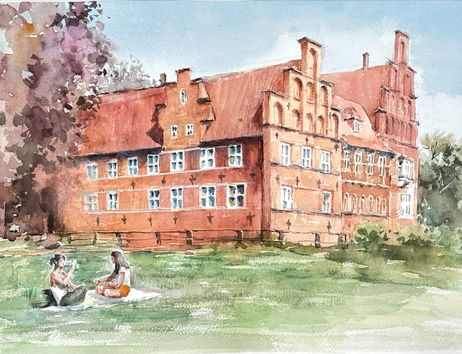 koloriertes Aquarell mit Außenansicht vom Bergedorfer Schloss