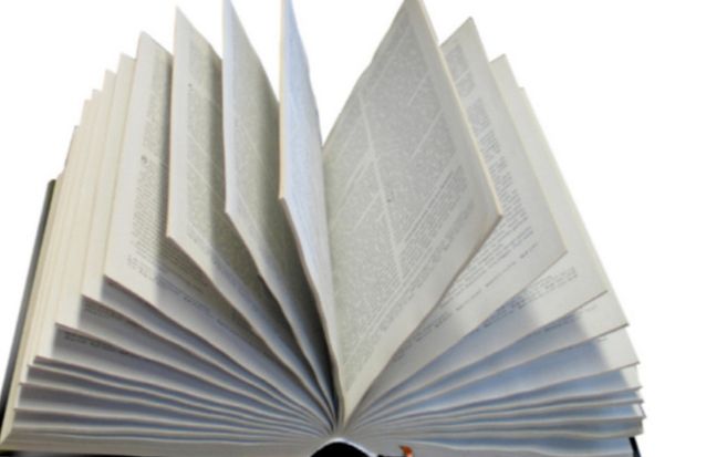 Ein aufgeschlagenes Buch mit sichtbarem Text auf weißem Hintergrund.