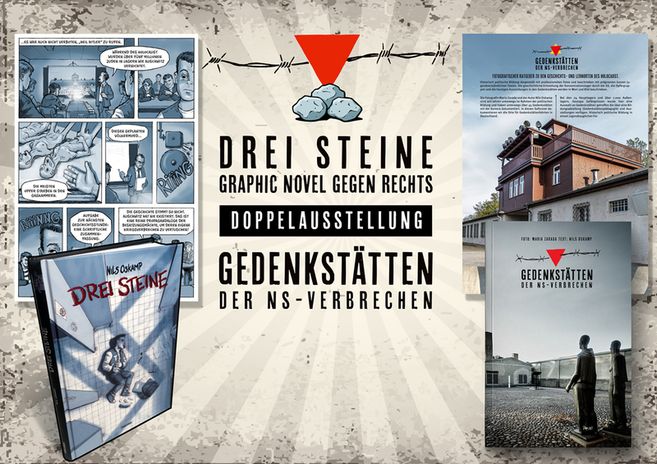 Poster für die Doppelausstellung 'Drei Steine' und 'Gedenkstätten der NS-Verbrechen' mit Comic-Panel und Fotos von Gedenkstätten.