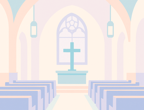 Illustration eines Kircheninnenraums mit Bänken und einem Kreuz auf dem Altar.
