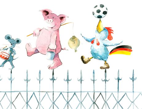 Illustration von drei Tieren: eine Maus mit Trommel, ein Schwein mit Eimer und ein Hahn mit Fußball auf einem Zaun balancierend.