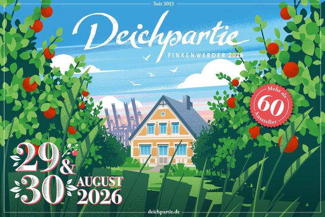 Das Titelbild der Deichpartie Finkenwerder 2026 a, 29. und 30. August 2026. Illustration einer sonnigen Momentaufnahme einer Apfeplantage mit Bauernhaus.