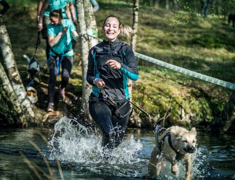 Eine Frau läuft mit einem Hund durch einen flachen Bach in einem Waldgebiet.