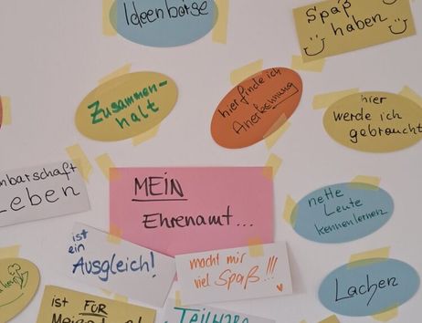 Ein Whiteboard auf dem eine Mindmap mit Gründen für Ehrenamt abgebildet ist