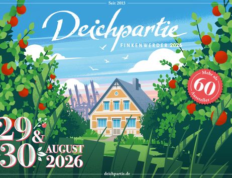 Das Titelbild der Deichpartie Finkenwerder 2026 a, 29. und 30. August 2026. Illustration einer sonnigen Momentaufnahme einer Apfeplantage mit Bauernhaus.