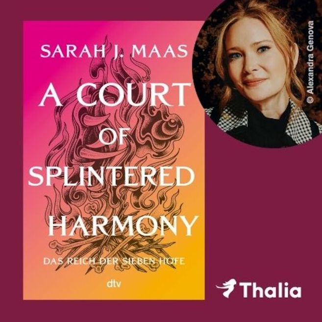 Buchcover von 'A Court of Splintered Harmony' mit einem Porträt von Sarah J. Maas.