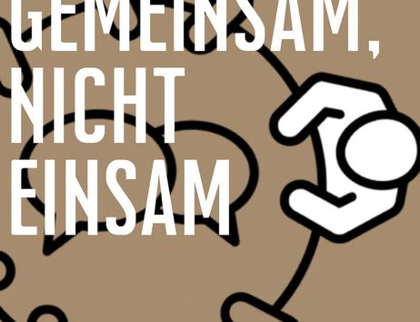 Grafik mit stilisierten Figuren, die an einem runden Tisch sitzen, und dem Text 'GEMEINSAM, NICHT EINSAM'.
