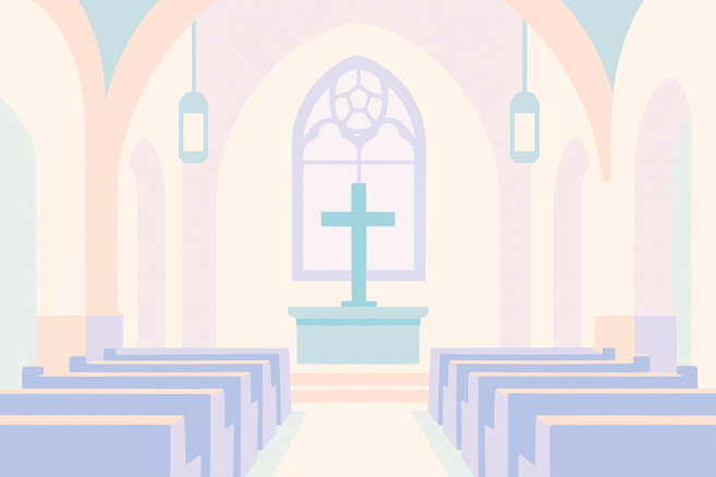 Illustration einer Kirche mit Bänken, Altar und Kreuz.