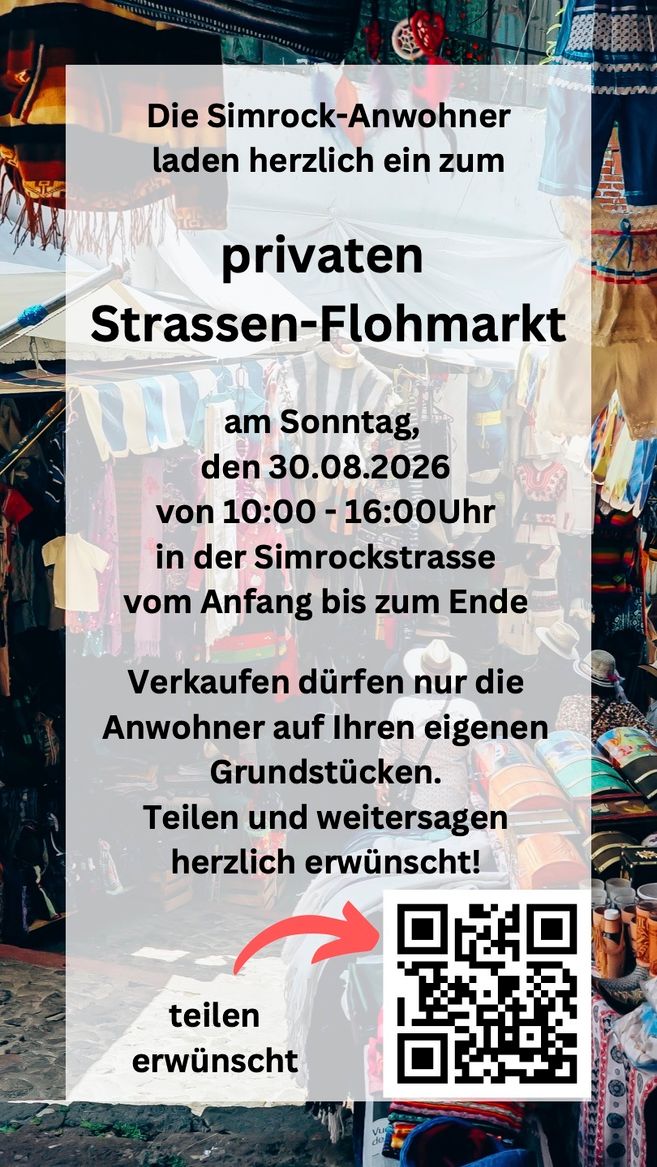 privater Simrockstrassen Flohmarkt vom Anfang bis zum Ende am 30. August von 10:00 Uhr bis 16:00 Uhr