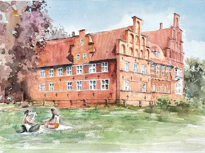 koloriertes Aquarell mit Außenansicht vom Bergedorfer Schloss
