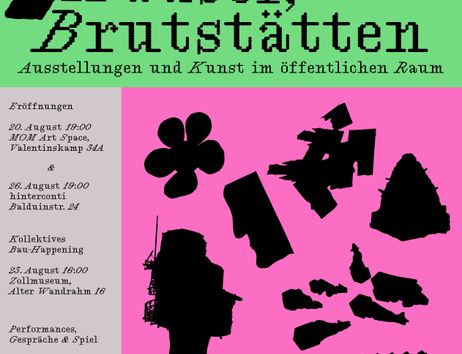 Ausstellungsplakat in leuchtenden Farben. In Schwarz sind die Umrisse verschiedener architektonischer Elemente und Skulpturen zu erkennen: Wasserspeier, ein Turm, eine Blume und eine Kub-Form
