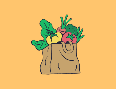 Illustration einer Papiertüte mit Gemüse auf orangefarbenem Hintergrund.