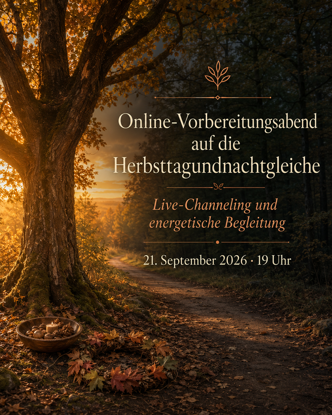 Herbstlicher Waldweg im goldenen Abendlicht mit altem Baum und natürlichen Gaben als Symbol für die Schwelle zur Herbsttagundnachtgleiche.