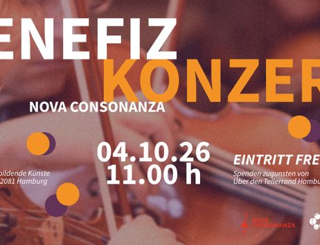 Nahaufnahme einer Person, die Geige spielt bei einem klassischen Konzert; Text mit Hinweisen zur Veranstaltung des Benefizkonzerts (Zeit, Ort, Eintritt frei - Spenden erwünscht)