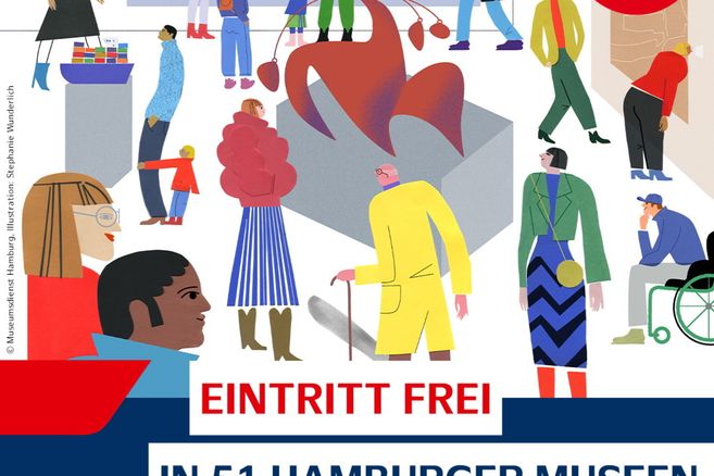 Illustration von Menschen in einem Museum mit moderner Kunst und dem Text 'Eintritt frei in 51 Hamburger Museen'.