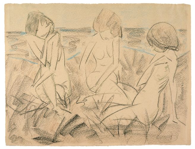 Zeichnung von drei nackten Frauen am Strand, die in entspannter Pose sitzen.