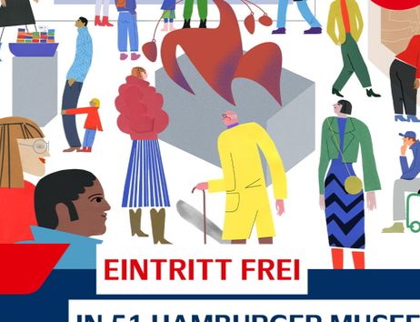 Illustration von Menschen in einem Museum mit moderner Kunst und dem Text 'Eintritt frei in 51 Hamburger Museen'.